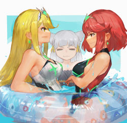 Rule 34 | 3girls, black one-piece swimsuit, breast envy, breasts, chest jewel, competition swimsuit, daible, highres, large breasts, multiple girls, mythra (radiant beach) (xenoblade), mythra (xenoblade), nia (fancy sundress) (xenoblade), nia (xenoblade), one-piece swimsuit, pyra (pro swimmer) (xenoblade), pyra (xenoblade), red eyes, red hair, red one-piece swimsuit, ribbed swimsuit, short hair, strapless, strapless one-piece swimsuit, striped clothes, striped one-piece swimsuit, swept bangs, swimsuit, two-tone swimsuit, vertical-striped clothes, vertical-striped one-piece swimsuit, xenoblade chronicles (series), xenoblade chronicles 2