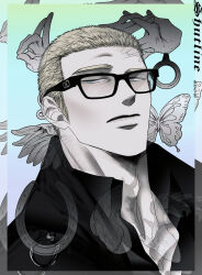 Rule 34 | 0lkyou, 1boy, artist name, black-framed eyewear, black shirt, blonde hair, blue eyes, bug, butterfly, buzz cut, closed mouth, collarbone, collared shirt, copyright name, glasses, hand gesture, highres, horseshoe, insect, jake gillian, looking away, male focus, official art, open collar, pale skin, shirt, short hair, shutline, solo, very short hair