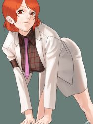 Rule 34 | 1girl, amino (tn7135), bad id, bad pixiv id, bent over, breasts, cross, formal, horikawa raiko, inverted cross, large breasts, looking at viewer, necktie, plaid, plaid shirt, red eyes, red hair, shirt, short hair, signature, simple background, skirt, solo, spread legs, suit, touhou, white skirt, white suit