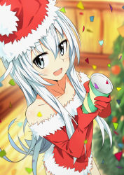 Rule 34 | 1girl, :d, bare shoulders, blue eyes, blue hair, blurry, blurry background, christmas, christmas tree, commentary, confetti, cowboy shot, depth of field, elbow gloves, foreshortening, fur-trimmed gloves, fur trim, gloves, hair between eyes, hat, hibiki (kancolle), highres, holding, kantai collection, long hair, looking at viewer, open mouth, perspective, red gloves, red vest, santa costume, santa hat, smile, solo, standing, tomato (lsj44867), vest
