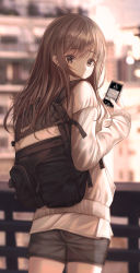Rule 34 | 1girl, absurdres, backpack, bag, brown eyes, brown hair, city, closed mouth, ear piercing, highres, long sleeves, looking at viewer, looking back, original, outdoors, phone, piercing, popcat (jung5u), short shorts, shorts, solo, standing, sweater, thighs