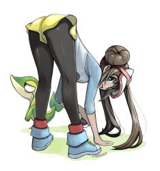 Rule 34 | 1girl, :d, absurdres, ass, averting eyes, bent over, blue eyes, blush, brown hair, creatures (company), double bun, eudetenis, fang, full body, game freak, gen 5 pokemon, hair bun, half-closed eyes, highres, legs, long hair, low twintails, nintendo, open mouth, pantyhose, pantyhose under shorts, poke ball, pokemon, pokemon (creature), pokemon bw2, rosa (pokemon), shirt, shorts, simple background, smile, snivy, solo, sweatdrop, top-down bottom-up, twintails, visor cap, white background, yellow shorts