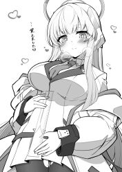 Rule 34 | 1girl, blue archive, blush, breasts, closed mouth, commentary request, greyscale, halo, headgear, heavy breathing, highres, holding, jacket, kirimmitsu, long hair, long sleeves, looking at viewer, measuring stick, mechanical halo, medium breasts, monochrome, necktie, noa (blue archive), simple background, smile, solo, white background