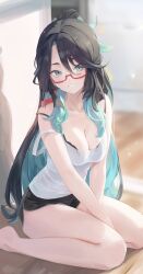 Rule 34 | 1girl, absurdres, blue eyes, blue hair, blush, breasts, cleavage, genshin impact, glasses, highres, light smile, rang go, shorts, smile, solo, xianyun (genshin impact)