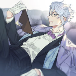 Rule 34 | 1boy, azul ashengrotto, black pants, blue eyes, blurry, bow, bowtie, clipboard, collared shirt, commentary, couch, feet out of frame, formal, glasses, gloves, highres, holding, holding clipboard, jacket, jacket on shoulders, knees up, lying, male focus, manomenou, mole, mole under mouth, on back, on couch, pants, purple bow, purple bowtie, purple jacket, reading, shirt, short hair, solo, suit, twisted wonderland, white gloves, white hair, white shirt