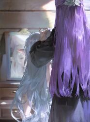 Rule 34 | 2girls, = =, black robe, closed eyes, fern (sousou no frieren), frieren, from behind, grey hair, half updo, highres, indoors, long hair, mirror, multiple girls, pointy ears, purple hair, quasarcake, reflection, robe, sitting, sleepy, sousou no frieren, tying another&#039;s hair, very long hair