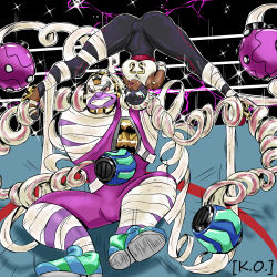 Rule 34 | 1boy, 1girl, absurdres, arms (game), ass, bare shoulders, boxing gloves, breasts, curvy, dark skin, defeat, drill hair, earrings, full body, ghost13, highres, jewelry, kinniku buster, lips, long hair, mask, master mummy (arms), medium breasts, monster boy, mummy, open mouth, pink hair, ryona, shoes, simple background, sneakers, spread legs, text focus, thick thighs, thighs, twin drills, twintelle (arms), very long hair, wide hips, wrestling, wrestling outfit