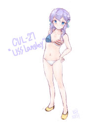 Rule 34 | 1girl, american flag bikini, bikini, blue eyes, breasts, character name, commentary request, cutoffs, flag print, full body, hair ornament, hair ribbon, kantai collection, koshigaya tatsumi, langley (kancolle), looking at viewer, medium hair, mismatched bikini, purple hair, ribbon, simple background, small breasts, solo, standing, swimsuit, white background, yellow footwear