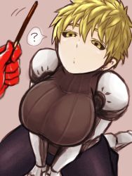 Rule 34 | 1boy, 1girl, black sclera, blonde hair, breasts, colored sclera, cyborg, edaco, food, genderswap, genderswap (mtf), genos, large breasts, looking up, md5 mismatch, one-punch man, pocky, prosthesis, ribbed sweater, saitama (one-punch man), short hair, sitting, spiked hair, sweater, wariza, yellow eyes