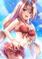 Rule 34 | 1girl, :d, animal ears, bikini, blue sky, breasts, cloud, daiwa scarlet (trifle vacation) (umamusume), daiwa scarlet (umamusume), day, fang, frilled bikini, frills, hair bobbles, hair intakes, hair ornament, horse ears, horse girl, horse tail, izumi akane, long hair, looking at viewer, medium breasts, official alternate costume, open mouth, red bikini, red eyes, red hair, skin fang, sky, smile, solo, swimsuit, tail, twintails, umamusume, very long hair