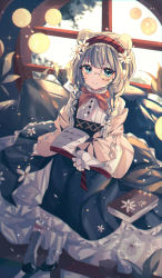 Rule 34 | 1girl, absurdres, arknights, bad id, bad pixiv id, blue eyes, blush, book, book on lap, braid, dress, flower, hair between eyes, hair flower, hair ornament, hairband, highres, huge filesize, indoors, istina (arknights), light particles, long hair, long sleeves, looking at viewer, monocle, pinafore dress, shirt, silver hair, sitting, sleeveless dress, smile, solo, twin braids, white shirt, wine (2148 wine)