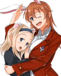 Rule 34 | 2girls, aleksandra i. pokryshkin, animal ears, blonde hair, blouse, blue shirt, brave witches, charlotte e. yeager, collared shirt, from side, hair between eyes, head tilt, highres, hiroshi (hunter-of-kct), military, multiple girls, one eye closed, orange hair, parted bangs, rabbit ears, rabbit girl, salute, shirt, simple background, strike witches, swept bangs, teeth, uniform, upper teeth only, white shirt, world witches series