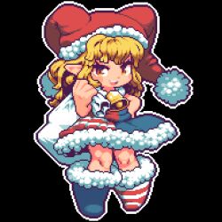 Rule 34 | 1girl, :d, absurdres, adapted costume, american flag dress, american flag footwear, bell, black background, blonde hair, blush, boots, chibi, christmas, clownpiece, commentary request, dress, full body, fur-trimmed boots, fur-trimmed dress, fur trim, highres, holding, holding sack, long hair, looking at viewer, medium bangs, neck bell, open mouth, pixel art, pointy ears, pom pom (clothes), red headwear, sack, simple background, smile, solo, standing, striped clothes, striped dress, teeth, tonchamon san, touhou, upper teeth only, yellow eyes