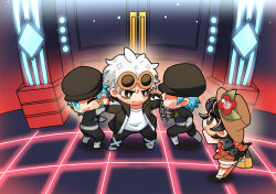 Rule 34 | 1girl, 3boys, absurdres, afterimage, bag, belt, black jacket, black pants, blush stickers, boots, braid, bright pupils, brown headwear, chibi, commentary request, creatures (company), door, flower, game freak, gloves, guzma (pokemon), hat, hat flower, highres, indoors, jacket, logo, motion blur, multiple boys, nintendo, open clothes, open jacket, open mouth, pants, pokemon, pokemon usum, red flower, selene (pokemon), shirt, shoes, short hair, shorts, standing, swiping, team rainbow rocket, team rainbow rocket grunt, team rainbow rocket uniform, white hair, white pupils, white shirt, zhen xionggui