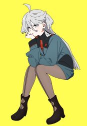 Rule 34 | 1girl, ahoge, asticassia school uniform, bad id, bad twitter id, black footwear, boots, closed mouth, full body, green jacket, green shorts, grey eyes, grey hair, grey pantyhose, gundam, gundam suisei no majo, hair between eyes, hand on own chin, hand up, high heel boots, high heels, highres, invisible chair, jacket, kerorira, long hair, long sleeves, looking at viewer, miorine rembran, pantyhose, school uniform, shorts, simple background, sitting, solo, yellow background