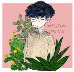 Rule 34 | 1boy, annoyed, bags under eyes, black hair, buttons, collared shirt, flower, frown, glasses, looking away, male focus, matsuo mono, no nose, original, over-rim eyewear, plant, semi-rimless eyewear, shirt, short hair, signature, simple background, sketch, solo, sweater
