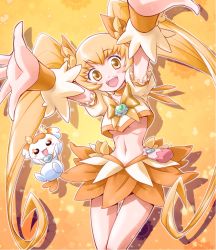 Rule 34 | 10s, 1girl, blonde hair, bow, breasts, brooch, cpro, cure sunshine, hair ribbon, heart, heart brooch, heartcatch precure!, long hair, magical girl, midriff, myoudouin itsuki, navel, open mouth, orange bow, outstretched arms, potpourri (heartcatch precure!), precure, ribbon, skirt, small breasts, solo, underboob, very long hair, wrist cuffs, yellow bow, yellow eyes