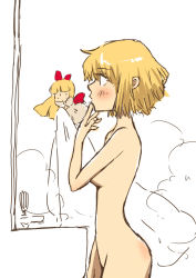 Rule 34 | 1girl, alice margatroid, bad id, bad pixiv id, blonde hair, breasts, censored, convenient censoring, doll, female focus, finger to mouth, medium breasts, non (z-art), nude, shanghai doll, short hair, solo, steam, touhou, towel