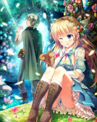 Rule 34 | 1boy, 1girl, ;), bare shoulders, blue dress, blush, boots, bow, breasts, brooch, brown footwear, cape, cleavage, cross-laced footwear, dappled sunlight, detached sleeves, dress, elbow gloves, fantasy, flower, forest, gloves, hair bow, hair flower, hair ornament, hair ribbon, hair tubes, hairband, index finger raised, jewelry, knees up, long sleeves, nature, noe noel, one eye closed, original, outdoors, partially submerged, petticoat, plant, pool, pouch, ribbon, sitting, smile, squirrel, sunlight, tree, under tree, vines, white gloves
