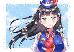 Rule 34 | 1girl, bad id, bad pixiv id, black hair, blue hat, blue vest, blush, collared shirt, earrings, flower, green eyes, hair blowing, hair ornament, happy party train, hat, hat flower, jewelry, kaisou (0731waka), kurosawa dia, long hair, looking at viewer, love live!, love live! sunshine!!, necktie, parted lips, petals, red flower, red necktie, shirt, short sleeves, solo, striped, striped sleeves, upper body, vest