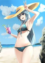 Rule 34 | 1girl, arm up, armpits, beach, bikini, blue bikini, blue eyes, blue sky, breasts, cloud, cloudy sky, commentary, cowboy shot, cup, day, drinking glass, drinking straw, flint (girls und panzer), girls und panzer, hat, highres, holding, holding cup, horizon, kakimoto nao, long hair, looking at viewer, medium breasts, navel, open mouth, outdoors, silver hair, sky, smile, solo, standing, straw hat, sun hat, swimsuit, v, yellow hat