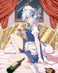Rule 34 | 1girl, :o, alcohol, apron, blue dress, blue eyes, blush, bottle, bow, braid, cup, dress, drinking glass, drunk, frilled apron, frills, gloves, green bow, grey hair, hair bow, highres, holding, holding cup, inuno rakugaki, izayoi sakuya, knee up, liquor, looking at viewer, maid, maid headdress, medium hair, on bed, open mouth, short sleeves, sitting, socks, solo, touhou, twin braids, white apron, white gloves, white socks, wine, wine bottle, wine glass