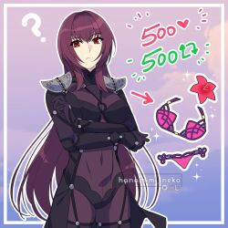Rule 34 | 1girl, ?, armor, arrow (symbol), artist name, black gloves, bodysuit, breasts, closed mouth, commentary, crossed arms, english commentary, fate/grand order, fate (series), gloves, hair between eyes, highres, instagram logo, like and retweet, long hair, looking at viewer, medium breasts, naomi gumbs (hanamimi), pauldrons, purple bodysuit, purple hair, red eyes, scathach (fate), shoulder armor, solo, twitch logo, twitter logo, very long hair