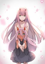 Rule 34 | 10s, 2girls, :d, aged down, black dress, closed mouth, colored skin, commentary request, darling in the franxx, dress, floating hair, green eyes, holding another&#039;s wrist, horns, hug, hug from behind, long dress, long hair, looking at viewer, multiple girls, multiple persona, nude, oni, oni horns, open mouth, pink hair, red hair, red skin, rei (rei&#039;s room), smile, standing, time paradox, zero two (darling in the franxx)
