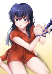 Rule 34 | 1girl, absurdres, bare arms, bare legs, barefoot, blue eyes, blue hair, bound, bound wrists, collarbone, from above, hair between eyes, highres, higurashi kagome, inuyasha, japanese clothes, kimono, long hair, open mouth, red kimono, short kimono, sitting, solo, straight hair, tknw hkr, wariza, white background