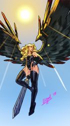 Rule 34 | 1girl, abs, bare shoulders, black gloves, black thighhighs, black wings, blonde hair, borrowed character, braid, breasts, cleavage, dated, day, diepod, elbow gloves, feathered wings, flying, gloves, grin, hair over shoulder, hand on own hip, highleg, highleg leotard, highres, leg lift, leotard, light rays, long hair, md5 mismatch, medium breasts, original, outdoors, sengoku valkyrie, signature, single braid, sketch, skin tight, sky, smile, solo, sun, sunbeam, sunlight, sword, thighhighs, valkyrie, weapon, wings