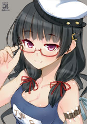 Rule 34 | 1girl, adjusting eyewear, alternate eye color, armband, bespectacled, black hair, breasts, cosplay, dated, glasses, grey background, hair ribbon, hat, i-8 (kancolle) (cosplay), i-8 (kancolle), isokaze (kancolle), kantai collection, long hair, looking at viewer, low twintails, medium breasts, name tag, one-piece swimsuit, peaked cap, pink eyes, purple eyes, red-framed eyewear, ribbon, school swimsuit, semi-rimless eyewear, simple background, smile, solo, swimsuit, tress ribbon, twintails, twitter username, under-rim eyewear, upper body, weshika