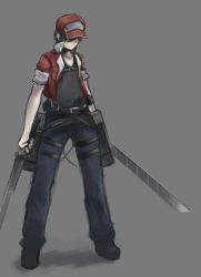 Rule 34 | 1boy, arceonn, baseball cap, belt, black hair, buckle, cable, creatures (company), crossover, dual wielding, epic, full body, game freak, grey background, hat, highres, holding, jacket, male focus, nintendo, non-web source, pants, pokemon, red (pokemon), shaded face, shingeki no kyojin, shoes, simple background, sleeves pushed up, solo, sword, thigh strap, three-dimensional maneuver gear, weapon