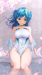 Rule 34 | 1girl, aigami shion, blue hair, blue sailor collar, breasts, cherry tree, collarbone, competition swimsuit, covered navel, earrings, falling petals, floating hair, flower earrings, garter-velvet, highres, jewelry, large breasts, long hair, looking at viewer, off shoulder, one-piece swimsuit, original, partially submerged, petals, pool, sailor collar, school uniform, serafuku, shirt, smile, solo, swimsuit, twitter username, white one-piece swimsuit, white shirt, wind