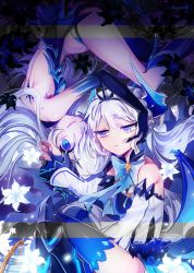 Rule 34 | 2girls, bad id, bad twitter id, bare shoulders, blue eyes, braid, demon girl, demon tail, demon wings, detached sleeves, diabla (elsword), elsword, expressionless, flower, hand on another&#039;s face, highres, horns, long hair, luciela r. sourcream, mellchi, multiple girls, multiple persona, noblesse (elsword), open mouth, pointy ears, ribbon, smile, symbol-shaped pupils, tail, tattoo, white hair, wings
