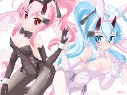 Rule 34 | 2girls, :o, alternate costume, animal ears, azur lane, bare shoulders, black hairband, black neckwear, blue eyes, blue hair, blush, bow, bowtie, breasts, brown gloves, brown legwear, brown leotard, cleavage, closed mouth, collar, commentary request, covered navel, detached collar, elbow gloves, fake animal ears, gloves, hair between eyes, hair ornament, hairband, high ponytail, holding hands, horns, ikazuchi (azur lane), inazuma (azur lane), kanijiru, leotard, long hair, looking at viewer, medium breasts, multiple girls, pantyhose, parted lips, pink hair, playboy bunny, ponytail, rabbit ears, red eyes, strapless, strapless leotard, twitter username, very long hair, white collar, white gloves, white hairband, white legwear, white leotard, white neckwear, wrist cuffs