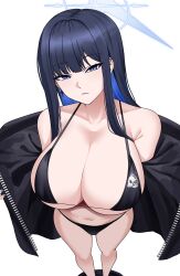 Rule 34 | 1girl, absurdres, bikini, black bikini, black hair, black jacket, blue archive, blue eyes, blue hair, blue nails, breasts, cleavage, closed mouth, commentary, cross, cross earrings, ear piercing, earrings, from above, halo, highres, huge breasts, jacket, jewelry, long hair, looking at viewer, nail polish, open clothes, open jacket, piercing, saori (blue archive), sidelocks, simple background, single earring, solo, swimsuit, tewaki, white background