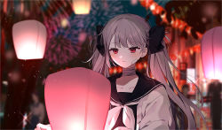 Rule 34 | 1girl, aerial fireworks, bad id, bad pixiv id, bandaged neck, bandages, black bow, black sailor collar, black shirt, blurry, blurry background, bow, closed mouth, depth of field, earrings, fireworks, grey hair, hair bow, highres, jacket, jewelry, lantern, long hair, moffle (ayabi), open clothes, open jacket, original, red eyes, sailor collar, shirt, solo, stud earrings, twintails, upper body, very long hair, white jacket