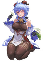 Rule 34 | 1girl, ahoge, bare shoulders, bell, black bodysuit, black gloves, blue hair, bodysuit, breasts, breasts apart, closed mouth, cowbell, detached collar, detached sleeves, eating flower, flower, full body, ganyu (genshin impact), genshin impact, gloves, goat horns, highres, holding, holding flower, horns, jrajazon, large breasts, long hair, looking at viewer, pantyhose, pelvic curtain, purple eyes, qingxin flower, seiza, sitting, smile, solo, thighs, vision (genshin impact), white background, wide sleeves