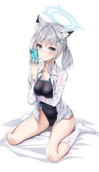 Rule 34 | 1girl, animal ear fluff, animal ears, arm under breasts, blue archive, blue eyes, blush, breasts, cellphone, closed mouth, collared shirt, covered navel, cross hair ornament, full body, grey hair, hair ornament, halo, highres, holding, holding phone, long hair, long sleeves, looking at viewer, matrix16, medium breasts, mismatched pupils, one-piece swimsuit, phone, raised eyebrows, shiroko (blue archive), shiroko (swimsuit) (blue archive), shirt, side ponytail, sitting, smartphone, socks, solo, stomach, sweatdrop, swimsuit, thighs, wariza, white shirt, white socks, wolf ears