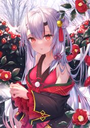 Rule 34 | 1girl, bare shoulders, bell, blurry, blurry background, blush, collarbone, commentary request, double bun, flower, hair bell, hair bun, hair ornament, haruhitooo, highres, hololive, horns, interlocked fingers, long hair, long sleeves, looking at viewer, multicolored hair, nakiri ayame, nakiri ayame (1st costume), parted lips, red eyes, red hair, skin-covered horns, snow, solo, streaked hair, upper body, virtual youtuber, white hair