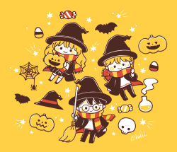 Rule 34 | 1girl, 2boys, beaker, black hair, blush, broom, candy, candy corn, chara chara makiato, chibi, cloak, food, glasses, halloween, harry potter, harry potter (series), hat, hermione granger, holding, holding broom, holding food, holding pumpkin, holding vegetable, holding wand, jack-o&#039;-lantern, long hair, multiple boys, orange hair, pleated skirt, potion, pumpkin, ron weasley, scar, scar on face, scar on forehead, scarf, short hair, silk, skirt, skull, smile, spider web, striped clothes, striped scarf, sweater, vegetable, wand, witch hat, wizarding world, wrapped candy