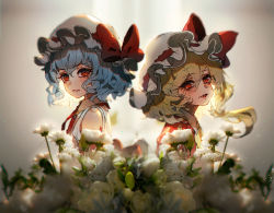 Rule 34 | 2girls, adapted costume, back-to-back, backlighting, bare shoulders, blonde hair, blue hair, blurry, blurry foreground, blush, bow, closed mouth, depth of field, dress, expressionless, fang, fang out, flandre scarlet, flower, flower request, from side, gradient background, grey background, hair between eyes, hat, hat bow, highres, light particles, looking at viewer, mob cap, multiple girls, one side up, parted lips, red bow, red eyes, red neckwear, red vest, remilia scarlet, rose, shori bun, short hair, siblings, simple background, sisters, skin fang, slit pupils, smile, touhou, upper body, vest, white dress, white flower, white headwear, white rose, wing collar, yellow neckwear