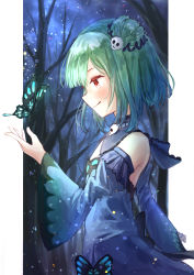 Rule 34 | 1girl, absurdres, bare tree, bug, butterfly, cowboy shot, detached sleeves, double bun, dress, frilled dress, frills, from side, gradient hair, green hair, hair bun, hair ornament, highres, hololive, huge filesize, insect, light particles, multicolored hair, night, night sky, red eyes, skull hair ornament, sky, smile, solo, tree, uruha rushia, uruha rushia (1st costume), virtual youtuber, yu hydra