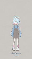 Rule 34 | 1girl, :o, alternate costume, arona (blue archive), asymmetrical sidelocks, bag, blue archive, blue eyes, blue hair, blue halo, blue shirt, blush stickers, bow hairband, braid, braided sidelock, character name, colored inner hair, commentary, copyright name, full body, grey background, grey overalls, hair over one eye, hairband, halo, handbag, highres, long hair, looking to the side, multicolored hair, open mouth, overalls, pink hair, pink socks, same jarashi, shirt, shoes, simple background, single braid, sleeves past fingers, sleeves past wrists, socks, solo, standing, two-tone hair, white footwear, white hairband