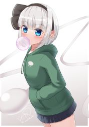 Rule 34 | 1girl, absurdres, black hairband, blue eyes, border, chewing gum, food, ghost, ghost print, gradient background, green jacket, grey background, hair between eyes, hairband, hands in pockets, highres, holding, jacket, konpaku youmu, konpaku youmu (ghost), looking at viewer, rital, short hair, signature, simple background, skirt, solo, standing, touhou, white background, white border, white hair