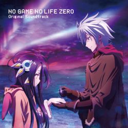 Rule 34 | 1boy, 1girl, absurdres, album cover, black hair, brown gloves, character request, copyright name, cover, english text, from side, glint, gloves, highres, holding, holding jewelry, holding ring, hood, jewelry, long hair, no game no life, official art, red eyes, ring, shuvi (no game no life), silver hair, sky, smile, spiked hair, standing, star (sky), starry sky