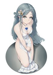 Rule 34 | 1girl, absurdres, arm behind back, azur lane, bare shoulders, blue eyes, blue gemstone, blue hair, breasts, champagne (adulation eternal) (azur lane), champagne (azur lane), chest jewel, cleavage, closed mouth, covered navel, dress, from above, gem, hair ornament, highres, jewelry, kneeling, legs together, long hair, looking at viewer, looking up, necklace, nya cot, official alternate costume, parted bangs, pearl necklace, simple background, small breasts, solo, wedding dress, white background, white dress