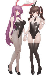 Rule 34 | 2girls, animal ears, black footwear, black legwear, black neckwear, blush, breasts, brown eyes, brown hair, choker, commentary, detached collar, fishnet legwear, fishnets, full body, hair between eyes, hair ribbon, high heels, himekaidou hatate, holding hands, leotard, long hair, looking at viewer, medium breasts, medium hair, multiple girls, necktie, ni (221), open mouth, pantyhose, playboy bunny, pointy ears, purple hair, purple ribbon, rabbit ears, rabbit girl, rabbit tail, red eyes, reisen udongein inaba, ribbon, short necktie, simple background, small breasts, smile, standing, strapless, strapless leotard, tail, thighhighs, touhou, twintails, very long hair, white background, wing collar, wrist cuffs
