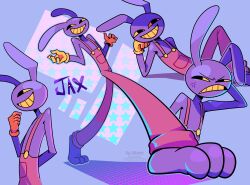 Rule 34 | 1boy, anger vein, character name, colored skin, frown, full body, gloves, highres, jax (the amazing digital circus), male focus, mlmlzu, multiple views, overalls, pink overalls, purple skin, rabbit boy, simple background, smile, teeth, the amazing digital circus, yellow gloves, yellow teeth