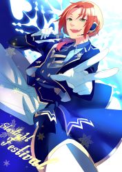 Rule 34 | 1boy, :d, absurdres, ensemble stars!, foreshortening, gloves, green eyes, headset, highres, holding, holding microphone, idol, idol clothes, kuroha dayo, male focus, microphone, open mouth, red hair, short hair, smile, snowflakes, solo, standing, tsukinaga leo, white gloves